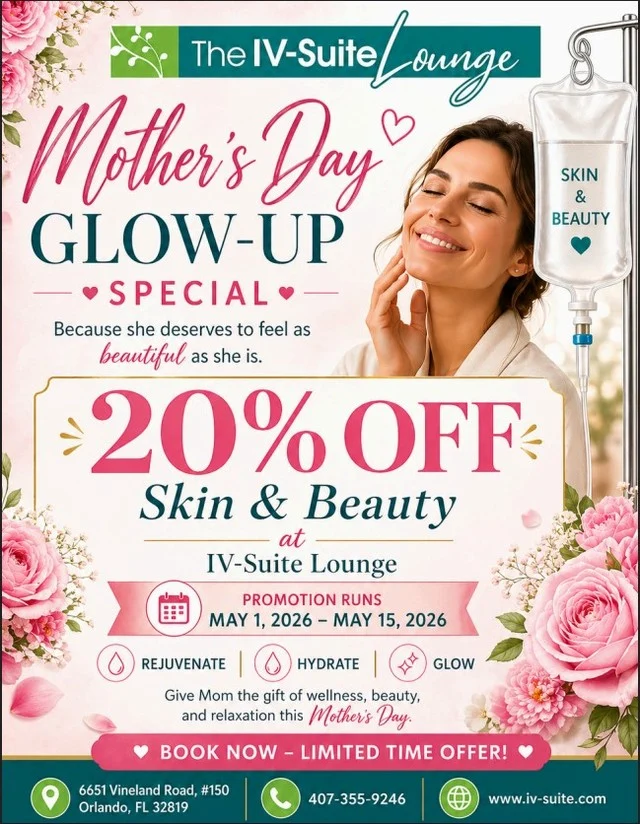 Say hello to our Mother's Day Glow Up! ✨ Treat amazing moms (or yourself!) to some well-deserved pampering with 20% off all skin and beauty treatments at The IV-Suite Lounge. Show your skin some love this May. Because every mom deserves to shine! 💖

Limited-time offer. Book your appointment today!

#drkalidas #integrativemedicine #functionalmedicine #orlandofl #holistichealth #florida #mothersday #skincare #beautytreatments #ivsuitelounge #selfcare